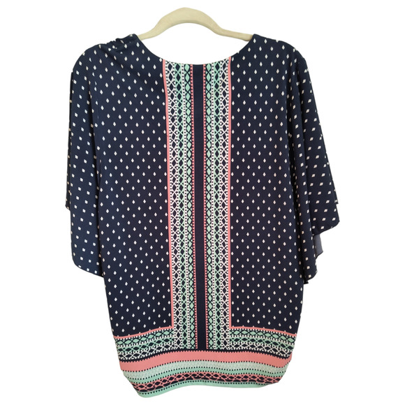 JM Collection Tunic Top Women's Sz L Blue Mixed Print Angel Sleeve Popover - Picture 3 of 11